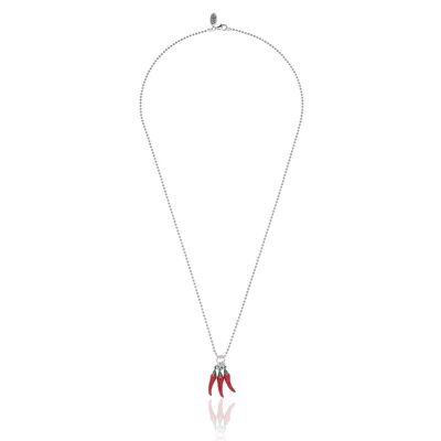 Collier Boule 80 cm avec 3 charms Piment en Argent Massif et Émail Rouge