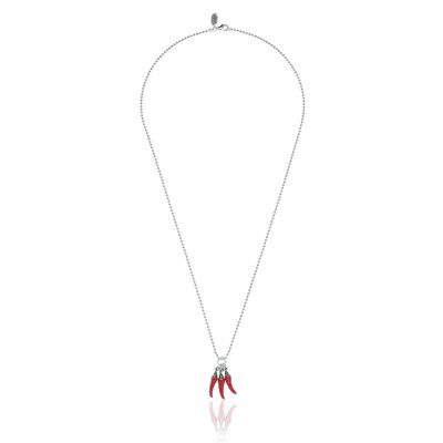 Boule Necklace 80cm with 3 Chili Pepper Charms in Sterling Silver and Red Enamel