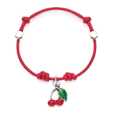 Pulsera de Cordón de Algodón con Charm Cereza en Plata de Ley y Esmalte