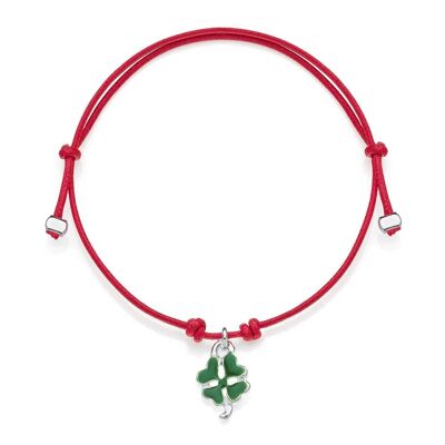 Mini Cotton Cord Bracelet with Mini Four-Leaf Clover Charm in Sterling Silver and Enamel