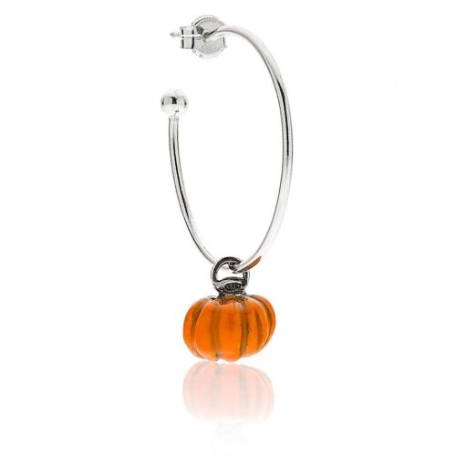 Large Hoop Single Earring with Pumpkin Charm in Sterling Silver and Enamel