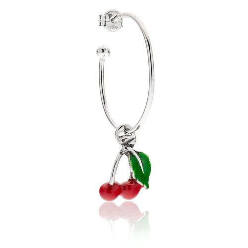 Large Hoop Single Earring with Cherry Charm in Sterling Silver and Enamel