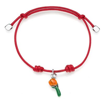 Cotton Cord Bracelet with Tulip Charm in Sterling Silver and Orange Enamel