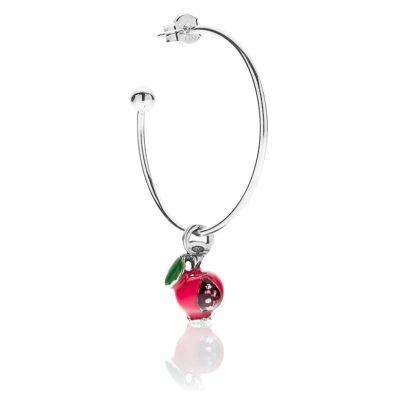 Large Hoop Single Earring with Pomegranate Charm in Sterling Silver and Enamel