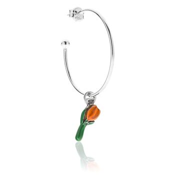 Grande boucle d'oreille simple créole avec breloque tulipe en argent sterling et émail orange 1