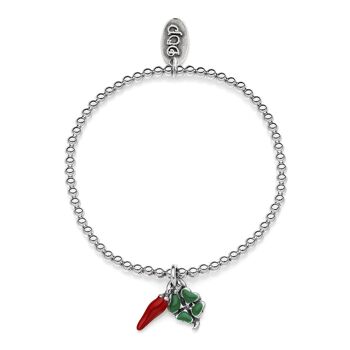 Bracelet Boule Élastique avec Porte-Bonheurs Mini Chili et Trèfle à Quatre Feuilles en Argent Massif et Émail 1