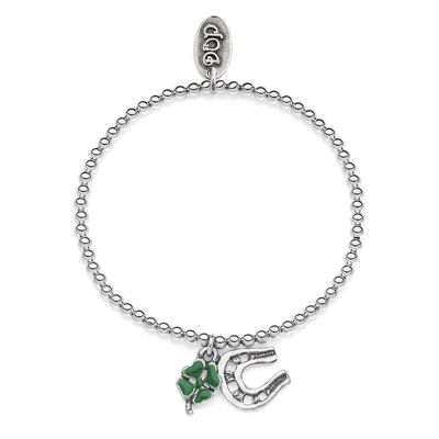 Bracelet Boule Élastique avec Mini Charms Fer à Cheval et Porte-Bonheur Trèfle à Quatre Feuilles en Argent Massif et Émail