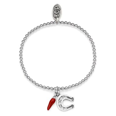 Elastic Boule Bracelet with Mini Horseshoe and Chili Pepper Lucky Charms in Sterling Silver and Enamel
