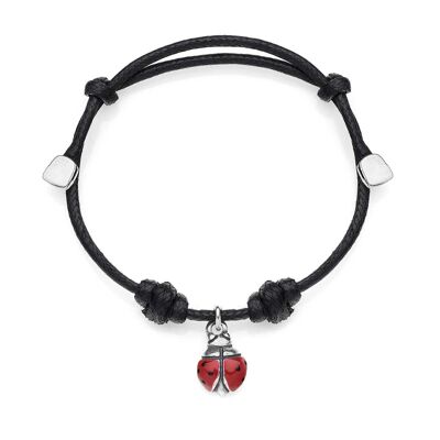 Black Cotton Cord Bracelet with Ladybug Charm in Sterling Silver and Enamel