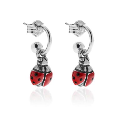 Small Hoop Earrings with Ladybug Charm in Sterling Silver and Enamel