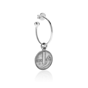 Boucle d'oreille créole moyenne unique avec breloque pièce de monnaie corne d'abondance de 1 lire en argent sterling 1