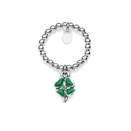 Elastic Boule Ring with Mini Four-Leaf Clover Charm in Sterling Silver and Enamel