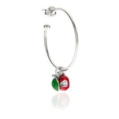 Large Hoop Single Earring with Left Apple Heart Charm in Sterling Silver and Enamel