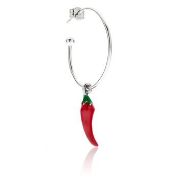 Grande boucle d'oreille simple créole avec breloque piment en argent sterling et émail 1