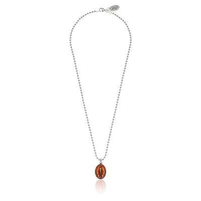 Collier Boule 45 cm avec breloque Madone Miraculeuse en Argent Massif et Émail Orange