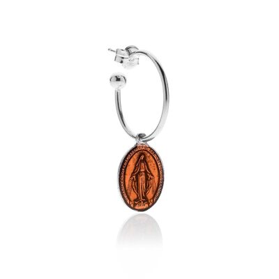 Medium Hoop Single Earring with Miraculous Madonna Charm in Sterling Silver and Orange Enamel