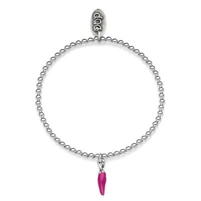 Bracelet Boule Élastique avec Porte-Bonheur Mini Piment en Argent Massif et Email Fuchsia