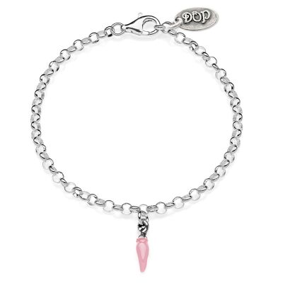Mini bracelet Rolo avec porte-bonheur mini piment en argent sterling et émail rose