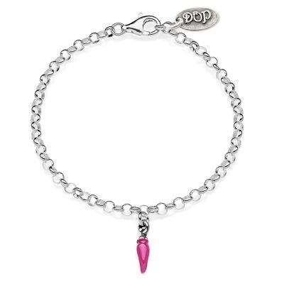 Pulsera Rolo Mini con Charm Mini Ají de la Suerte en Plata de Ley y Esmalte Fucsia