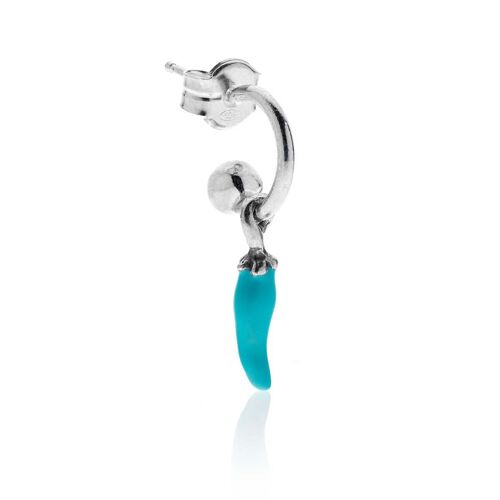 Small Hoop Single Earring with Mini Chili Pepper Lucky Charm in Sterling Silver and Turquoise Enamel