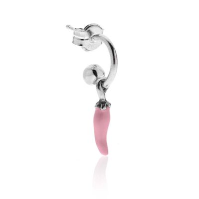 Small Hoop Single Earring with Mini Chili Pepper Lucky Charm in Sterling Silver and Pink Enamel