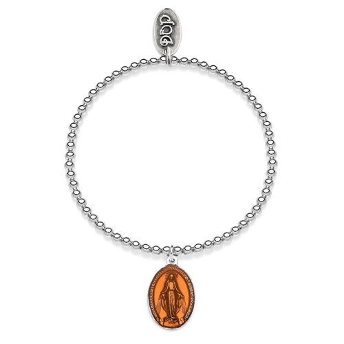 Elastic Boule Bracelet with Miraculous Madonna Charm in Sterling Silver and Orange Enamel