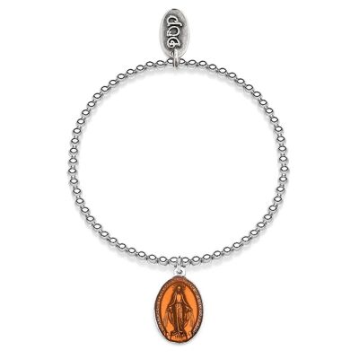 Elastic Boule Bracelet with Miraculous Madonna Charm in Sterling Silver and Orange Enamel