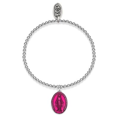 Pulsera Boule Elástica con Charm Virgen Milagrosa en Plata de Ley y Esmalte Rosa