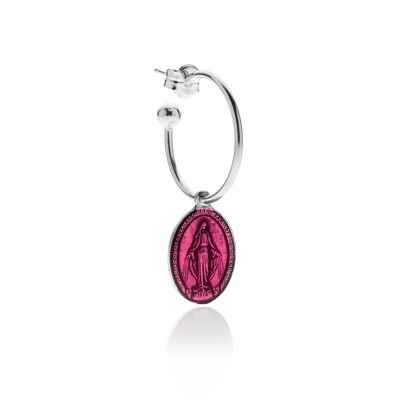 Boucle d'oreille unique créole moyenne avec breloque Madone miraculeuse en argent sterling et émail rose