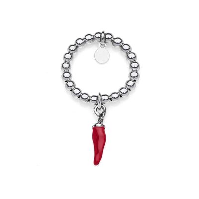 Bague Boule Élastique avec Porte-Bonheur Mini Piment en Argent Massif et Émail Rouge