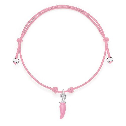 Mini Pink Cotton Cord Bracelet with Mini Chili Pepper Lucky Charm in Sterling Silver and Pink Enamel