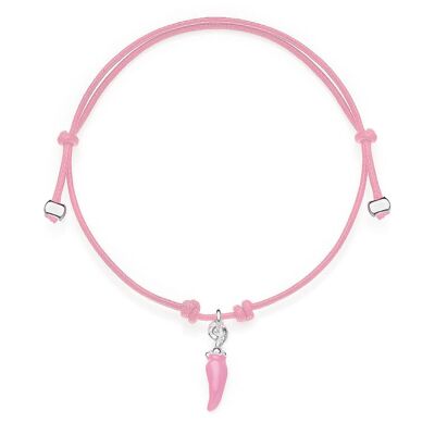 Mini bracelet en cordon de coton rose avec porte-bonheur mini piment en argent sterling et émail rose