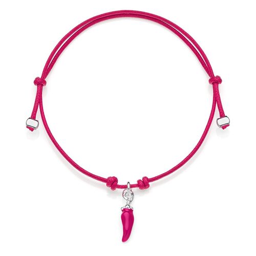 Mini Fuchsia Cotton Cord Bracelet with Mini Chili Pepper Charm in Sterling Silver and Fuchsia Enamel