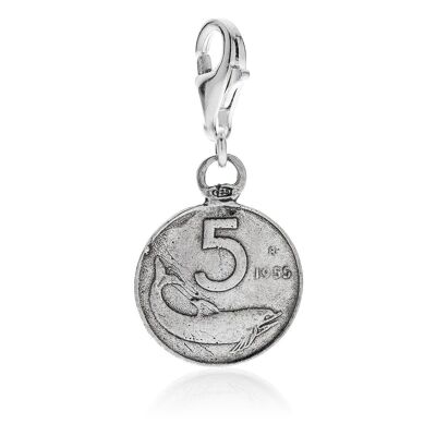 Charm de moneda de delfín de 5 liras en plata de ley