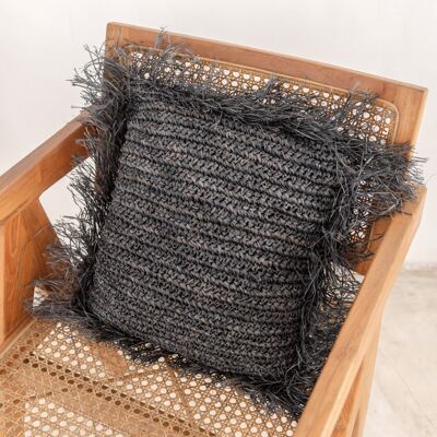 Black cushion made of raffia with filling Decorative cushion with fringes GANDI made of raffia (2 sizes)