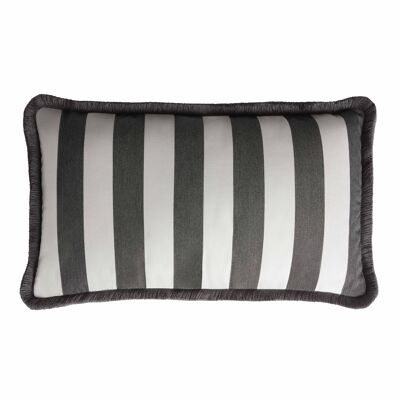 Coussin Happy Outdoor Rayé Franges Blanc et Carbone