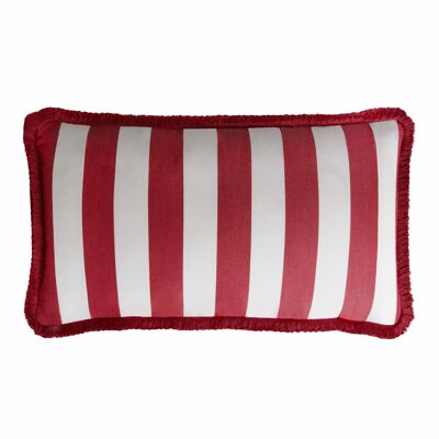 Coussin Happy Rayé Extérieur Franges Blanches et Rouges