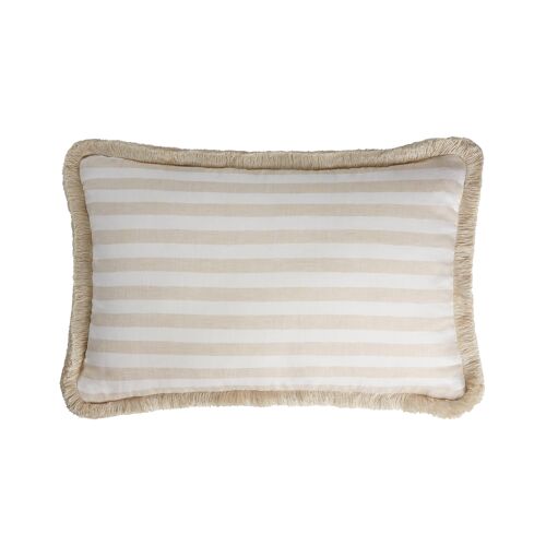 HAPPY LINEN Cushion Striped White Beige - Beige Fringes