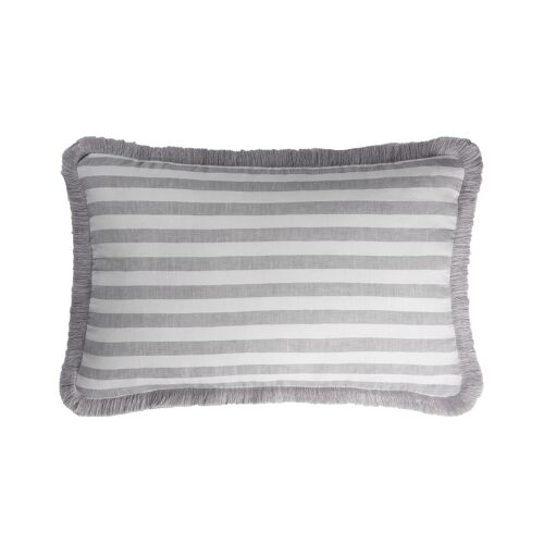 HAPPY LINEN Cushion Striped White Grey - Grey Fringes