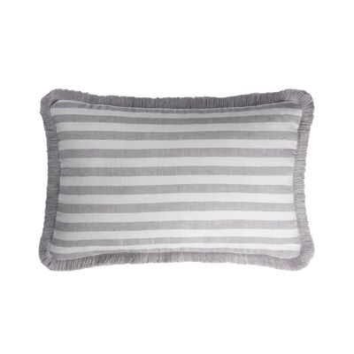 HAPPY LINEN Cushion Striped White Gray - Gray Fringes