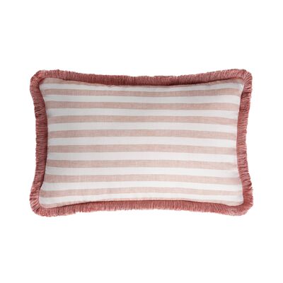 HAPPY LINEN Cushion Striped White Light Pink Fringes