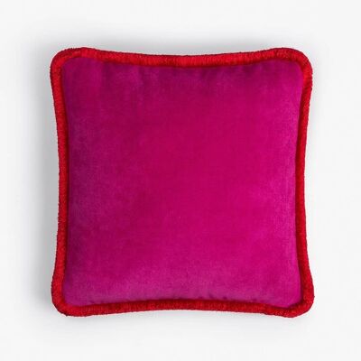 Happy Pillow Velours Fuchsia avec Franges Rouges