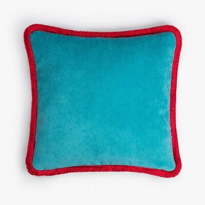 Happy Pillow Samt Hellblau mit roten Fransen