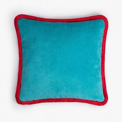 Happy Pillow Velours Bleu Clair avec Franges Rouges