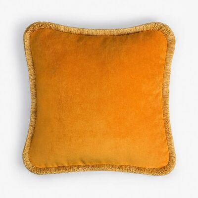 Happy Pillow Velours Orange avec Franges Jaunes