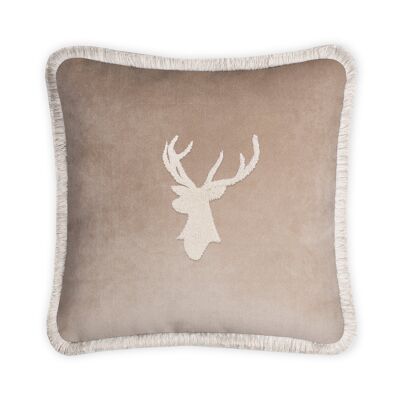 HAPPY PILLOW Samt mit Fransen – ELK Beige und Creme