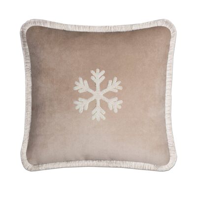 HAPPY PILLOW Velvet with Fringes Snowflake Beige and Cream