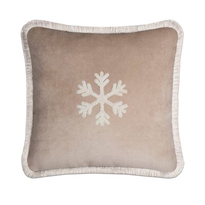 HAPPY PILLOW Samt mit Fransen Schneeflocke Beige und Creme