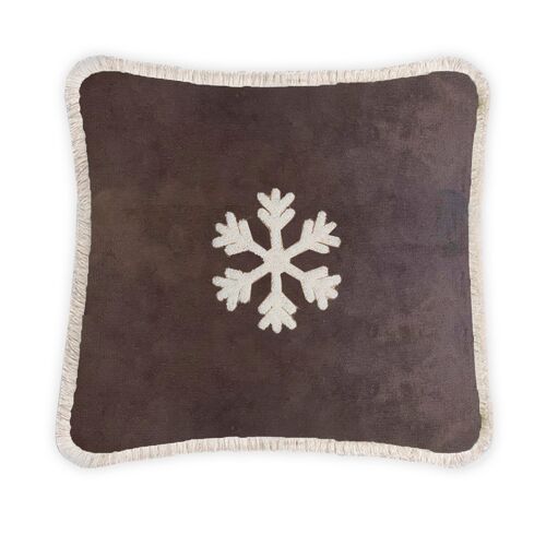 HAPPY PILLOW Velvet with Fringes Snowflake Cream and Brown
