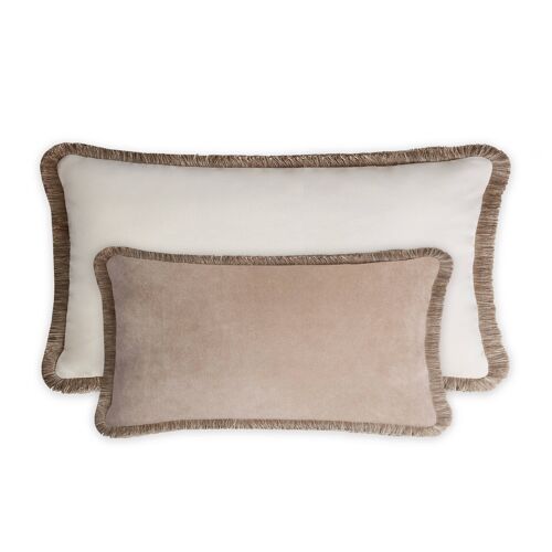 Couple Happy Pillow Rectangle Beige - White Velvet Fringes